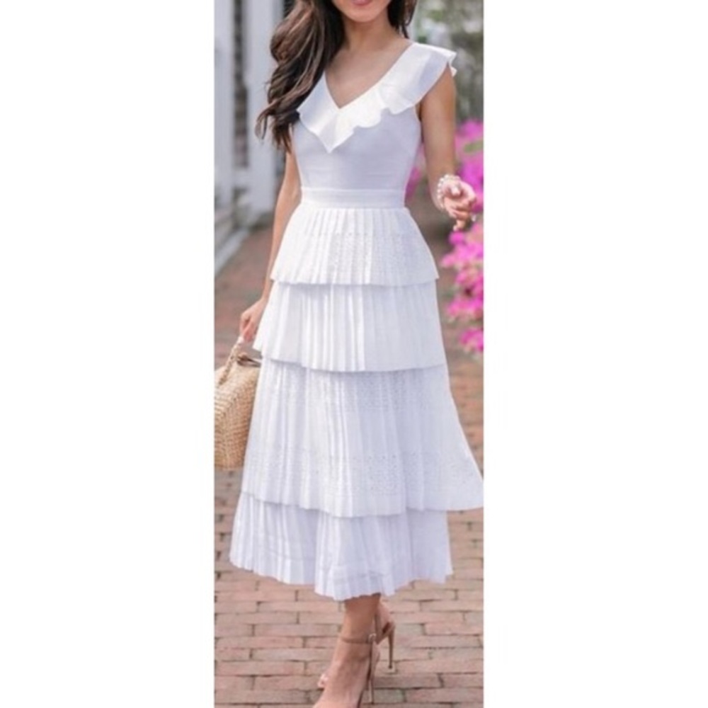 Tiered Lasercut Ruffle White Dress|